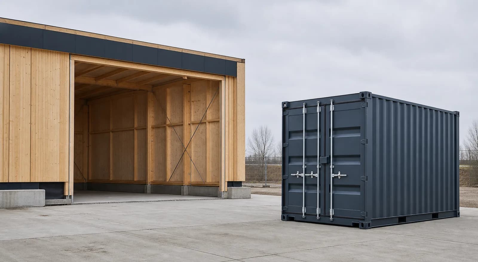 Comparaison visuelle d'un bâtiment préfabriqué et d'un conteneur modulaire