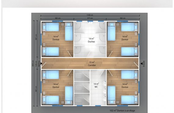 plan dortoir préfabriqué 102 m2